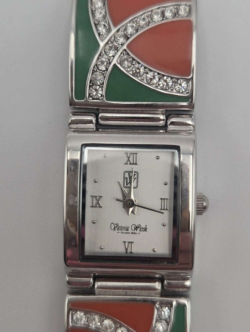 Victoria Wieck Coral/ Green Enamel Link Bracelet Watch